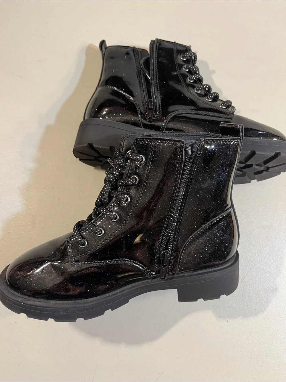 Old Navy Black Patent Lace-Up Kids Ankle Boots with Side Zip